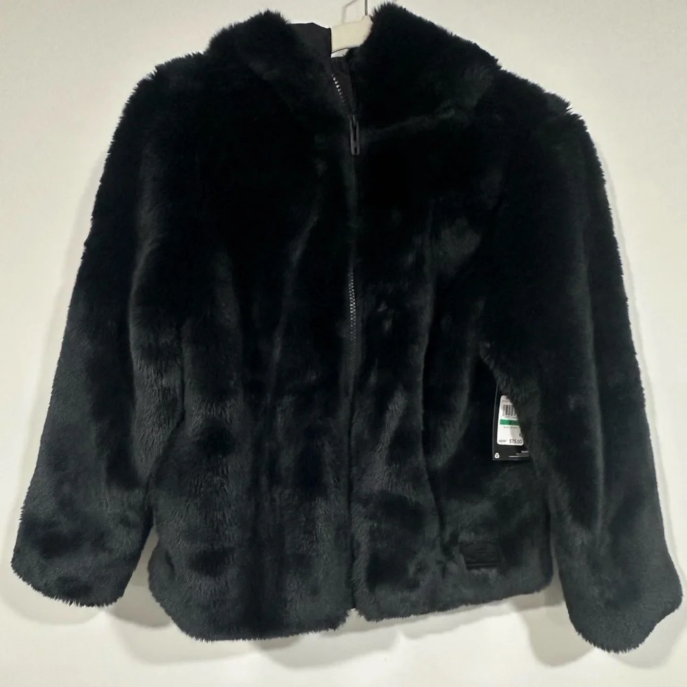 NWT Under Armour Cozy Faux Fur Hoodie Coat Jacket Black, Girls Size Youth Large